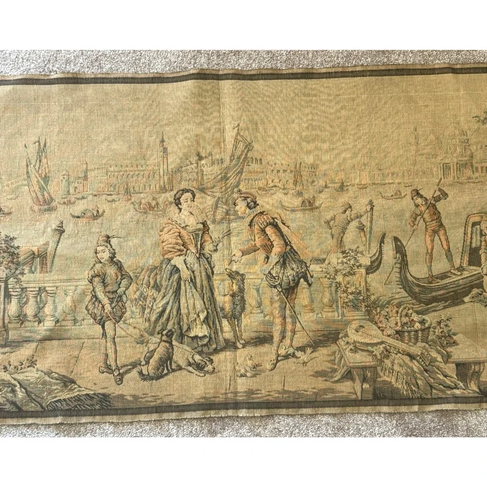 Antique Belgian French Jacquard Woven Tapestry Venetian Harbor Rococo Panel